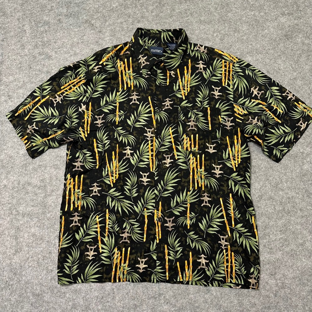 Puritan Button Up Shirt Mens‎ Large Black Bamboo Palm Tropical Rayon Aloha Camp